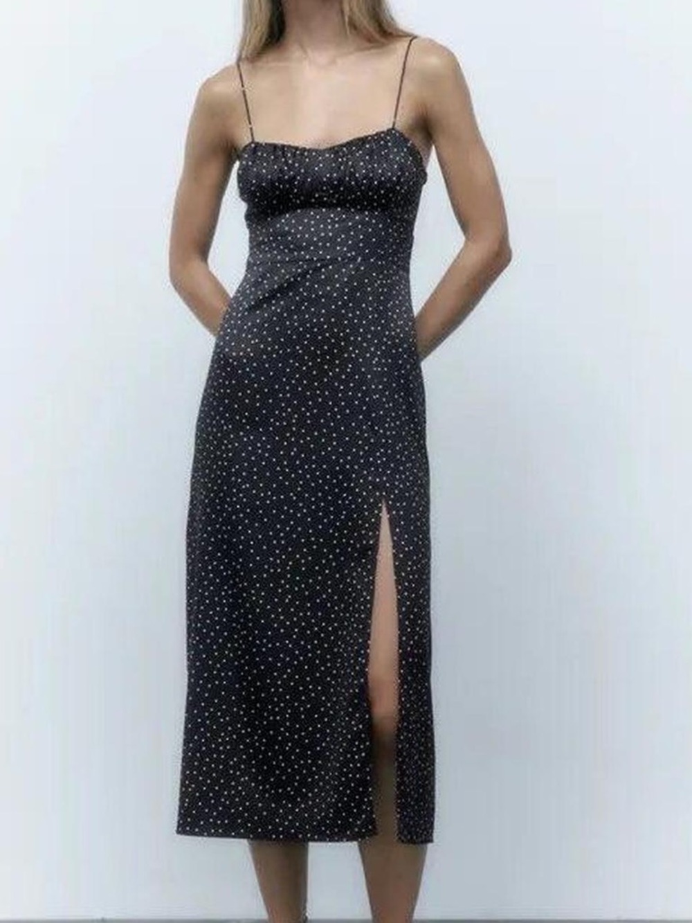 Zara black satin mid dress white polka dots size medium - side slit